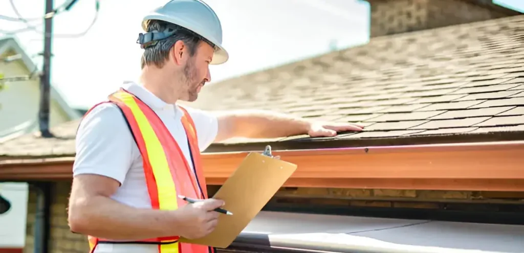 Roof inspector in a hard hat and safety vest checking the shingles and gutter edge of a home's roof with a clipboard