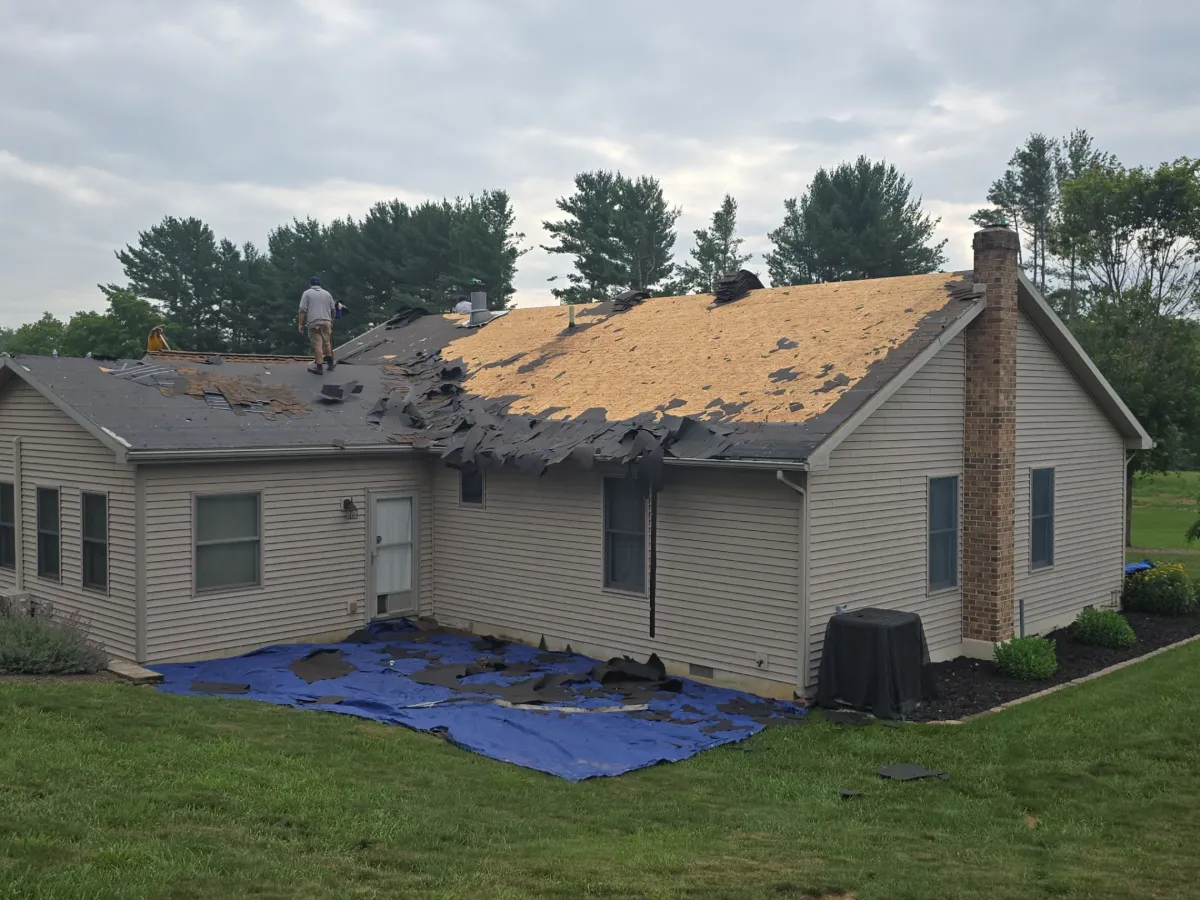 Old shingles coming off with tarps protecting the landscaping in Broadfording, Hagerstown, MD