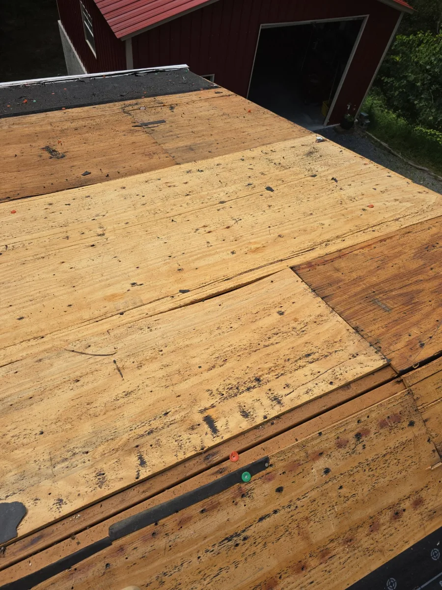 Old roof decking exposed during tear-off in Gerrardstown, WV