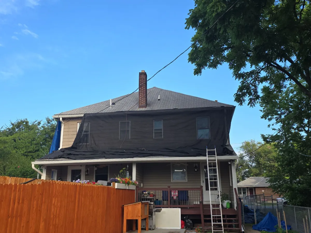 Rear of the two-family home before the roof replacement in Hagerstown, MD