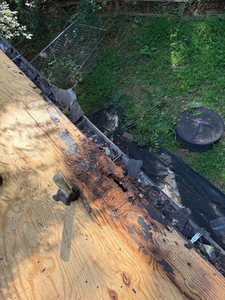 Rotted roof decking at the edge of a roof in Harpers Ferry, WV
