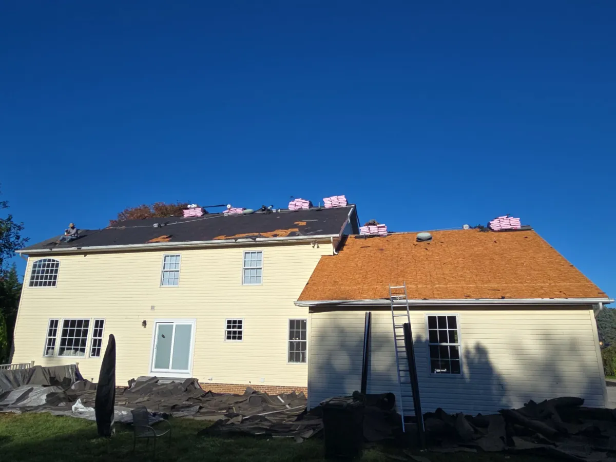 Bare roof decking on the rear of the home after tear-off in Keedysville, MD