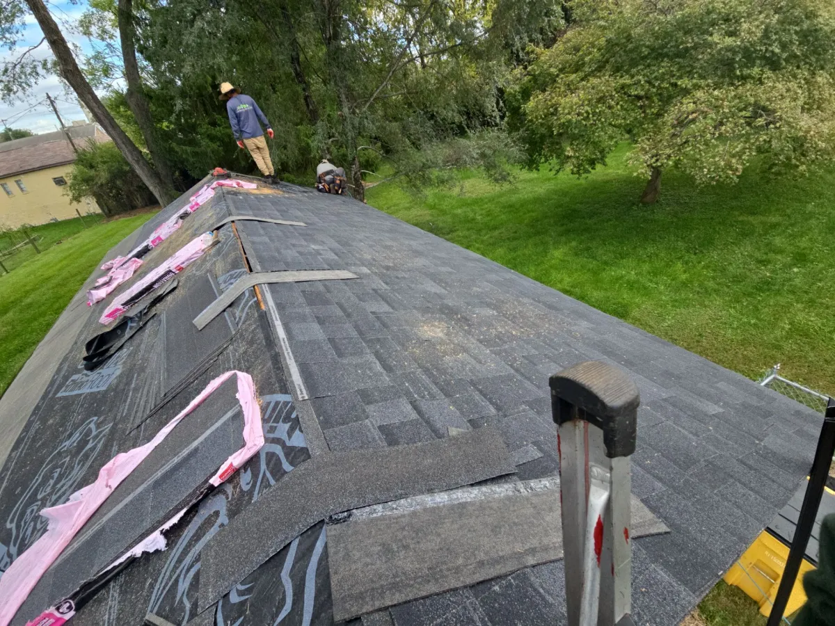 Shingle bundles staged on the new underlayment in Martinsburg, WV