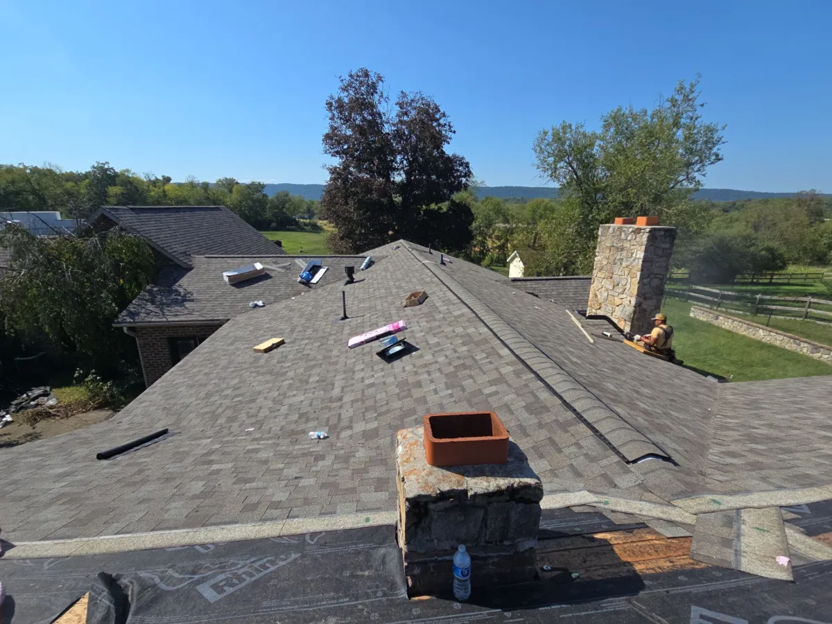 Chimney and ridge on the finished roof in Martinsburg, WV