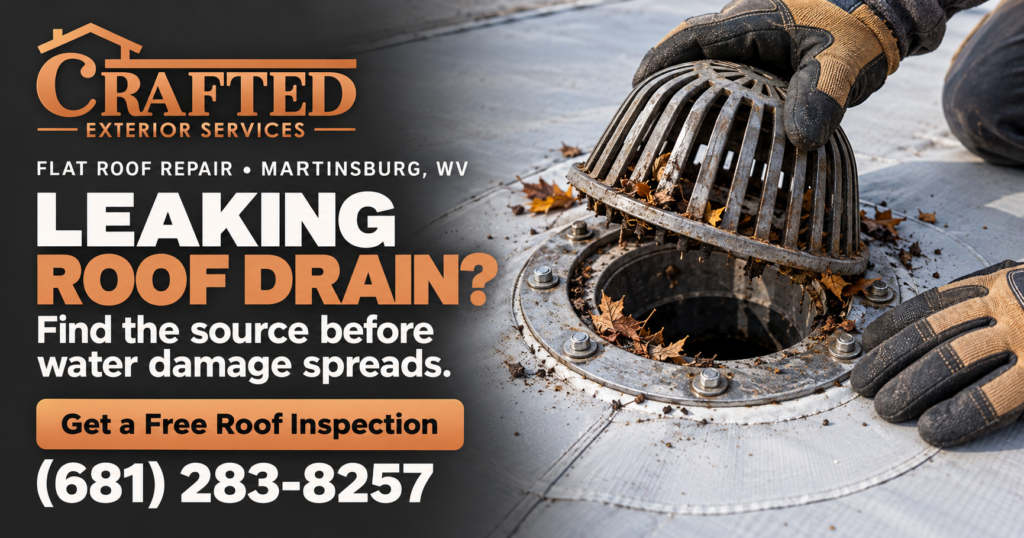 Clogged drain on a flat commercial roof in Martinsburg, WV, with standing water around the drain bowl