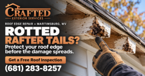 Rotted rafter tail exposed at the eave of an older home after the fascia board was removed